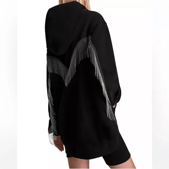 All Saints Giselle Chain Fringe Black Hoodie M - Picture 4 of 12